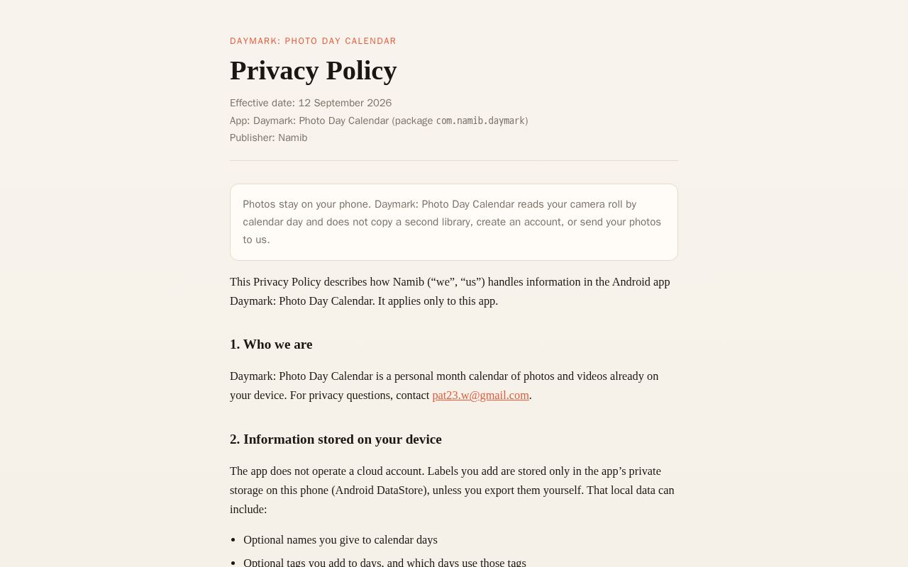Preview of Privacy Policy for Photo Day Calendar Android (Google Play)