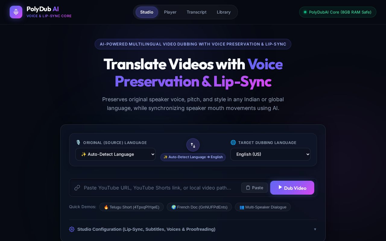 Preview of PolyDubAI - AI Video Dubbing Studio
