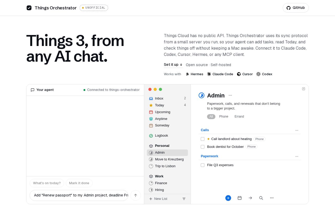 Preview of Unofficial self-hosted Things 3 Cloud MCP with eight bounded tools