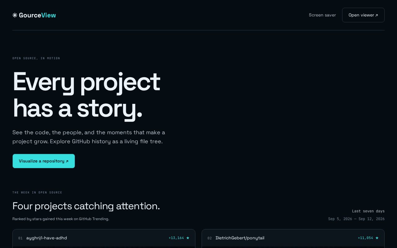 Preview of Gource-style animated repository history in the browser, with broadcast-style MP4 export