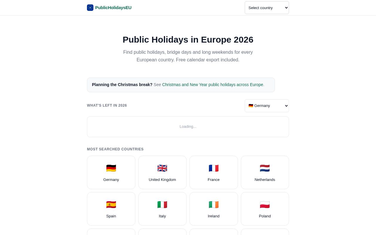 Preview of Public Holidays in Europe 2026