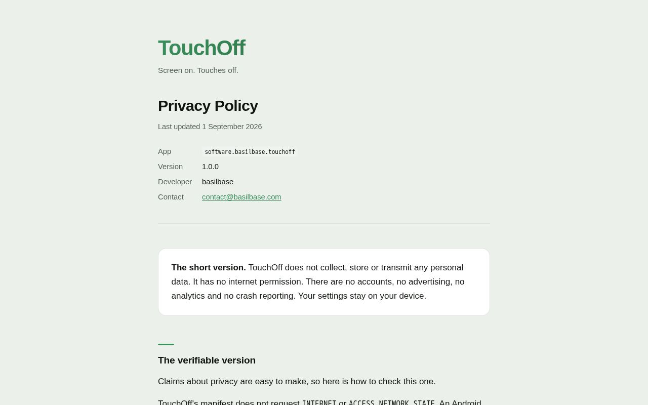 Preview of Public host for the TouchOff privacy policy, linked from the Google Play listing.
