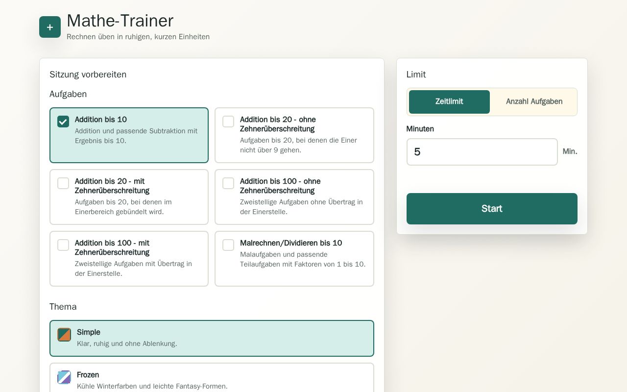 Preview of Offline-friendly German math practice web app for primary-school children