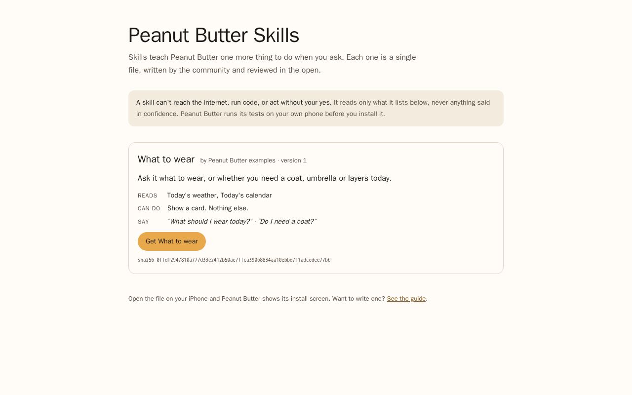 Preview of Community skills for Peanut Butter. Every skill says what it reads and what it can do.