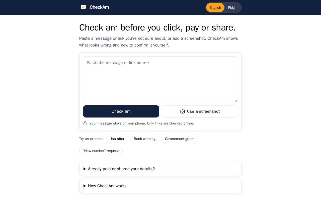 Preview of CheckAm: check before you click, pay or share