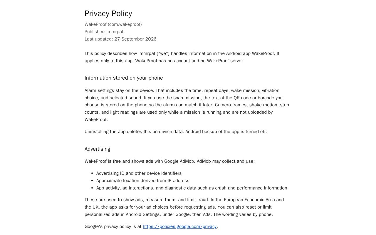 Preview of Wakeproof Privacy Policy
