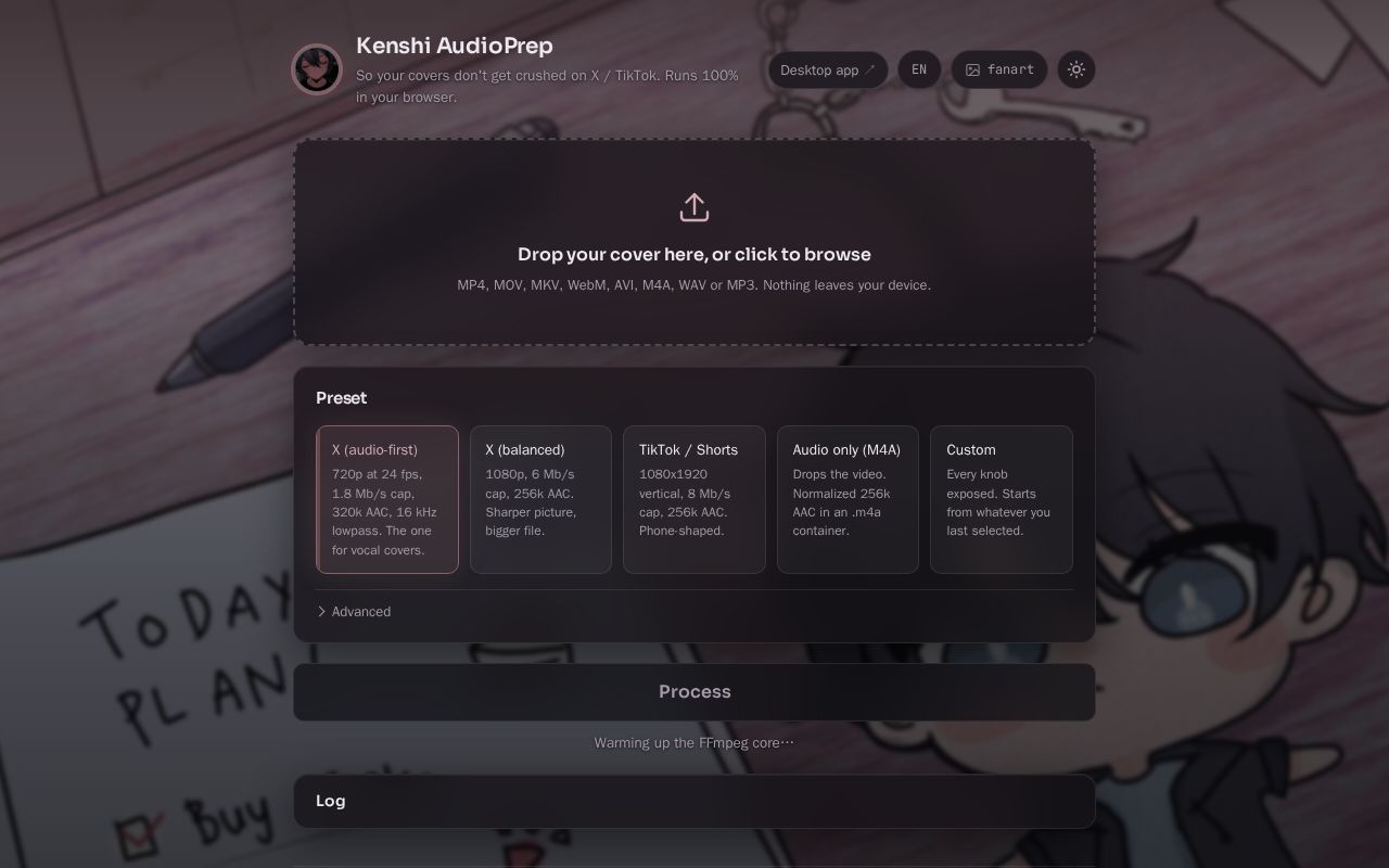 Preview of Audio-first video encoder for X/TikTok. Go + Fyne desktop app and ffmpeg.wasm web version.