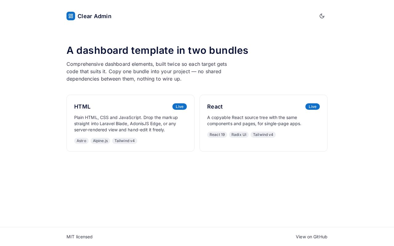 Preview of Dashboard template with clear styles