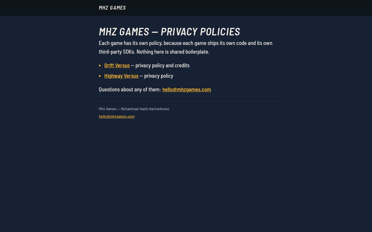 Preview of Privacy policy for the mobile game Drift Versus