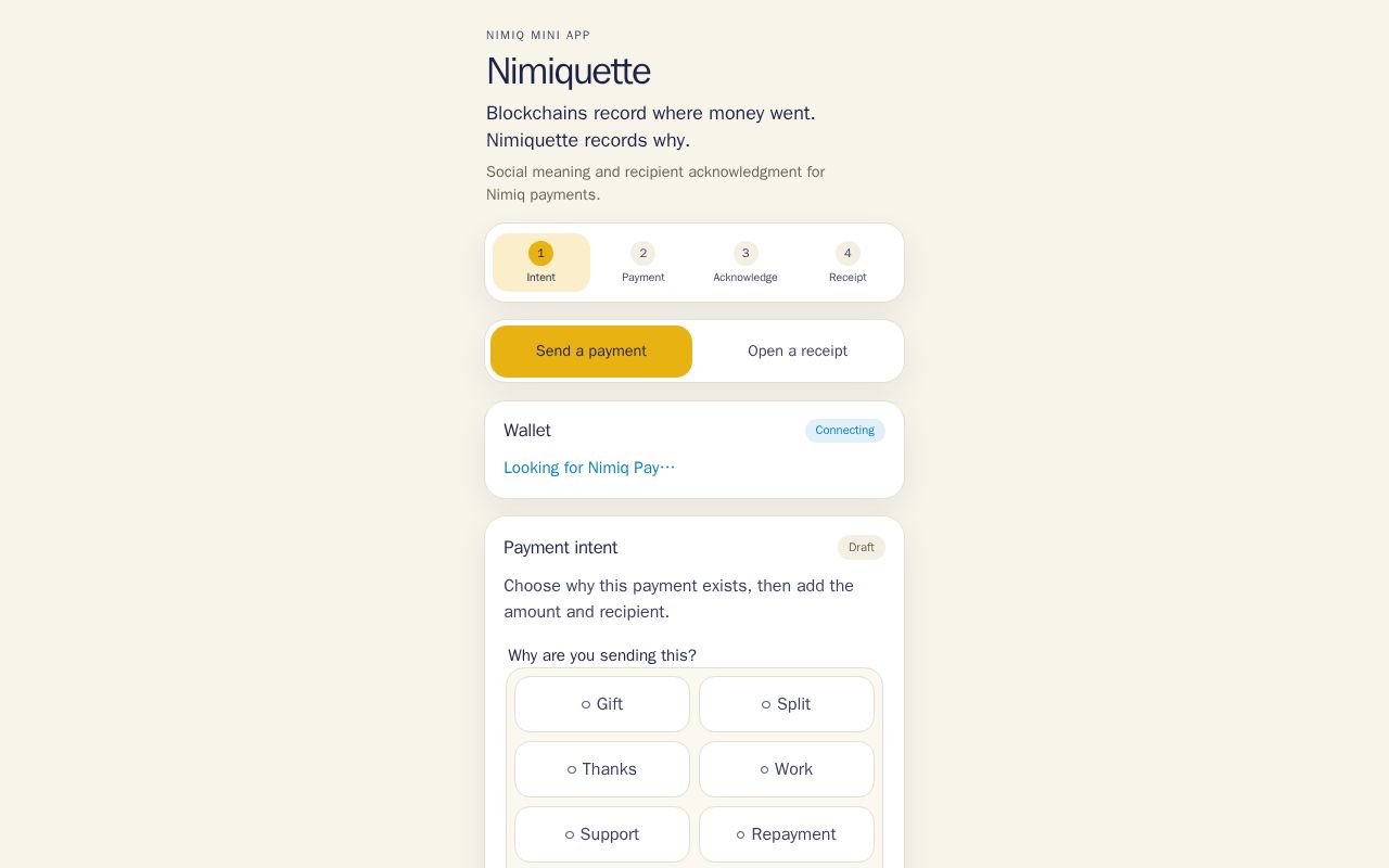 Preview of A social-intent layer for Nimiq payments.