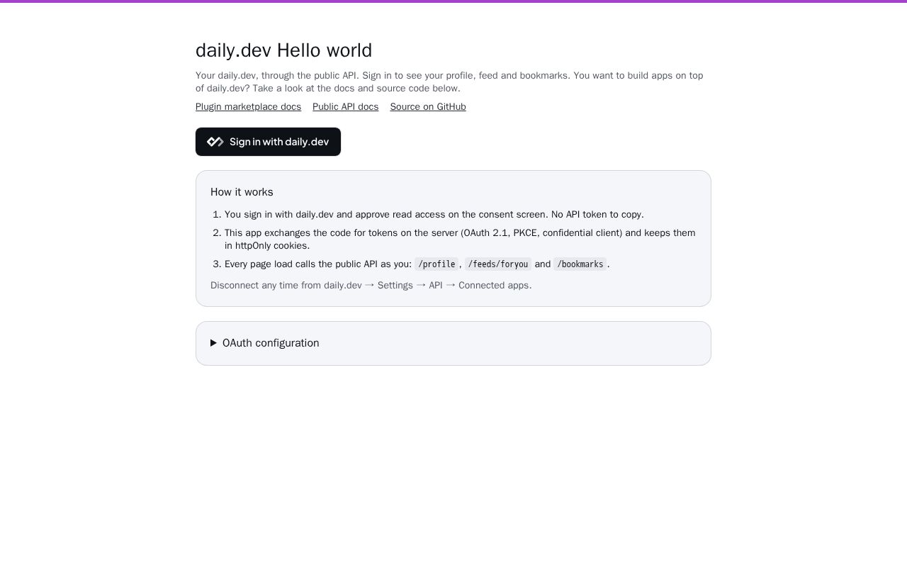 Preview of Daily Oauth Hello World App