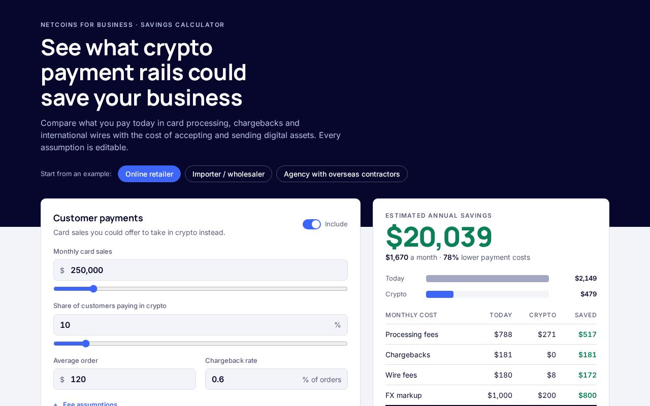 Preview of Netcoins Business Savings Calculator
