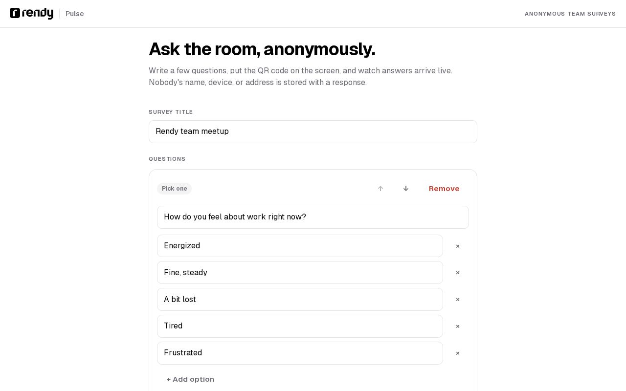 Preview of Anonymous surveys for team meetups. Share a QR code, collect answers, review together.