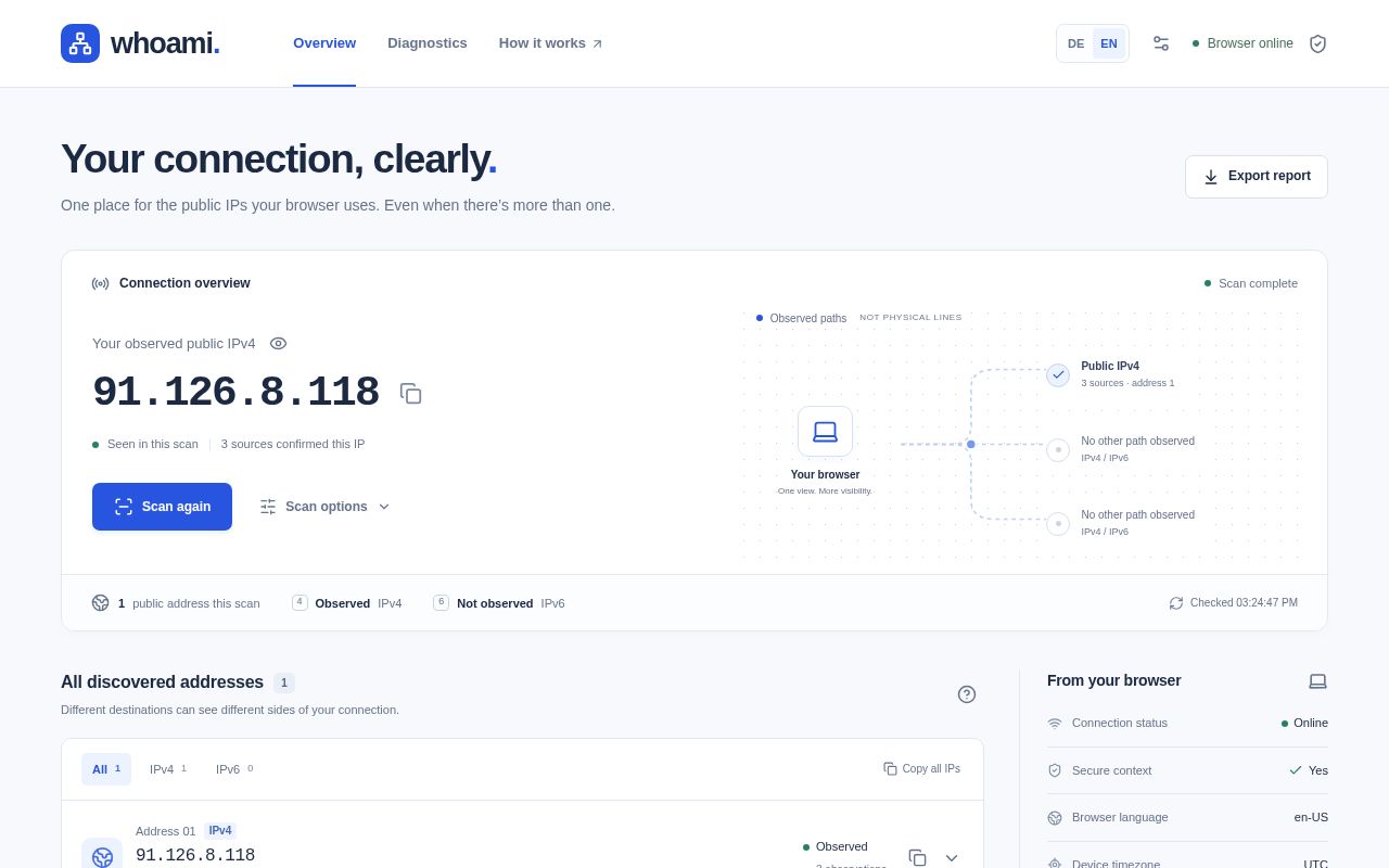 Preview of website to get info on your connection (multi-connection aware), api ready