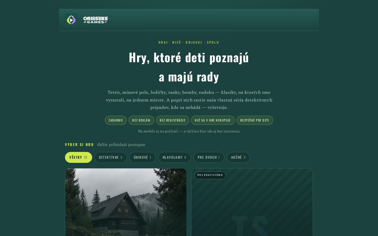 Preview of The Oriešeks games — detektívne a únikové hry pre deti (webová appka)