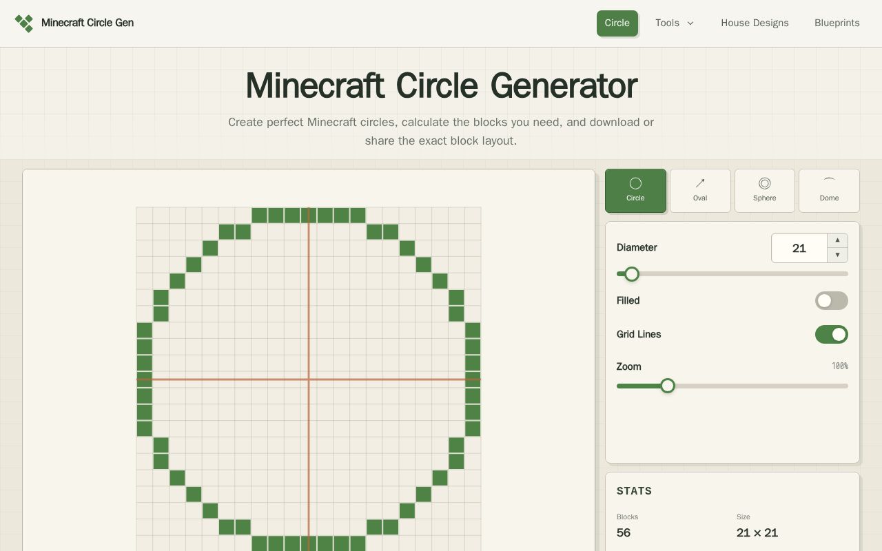 Preview of Minecraft Circle Generator