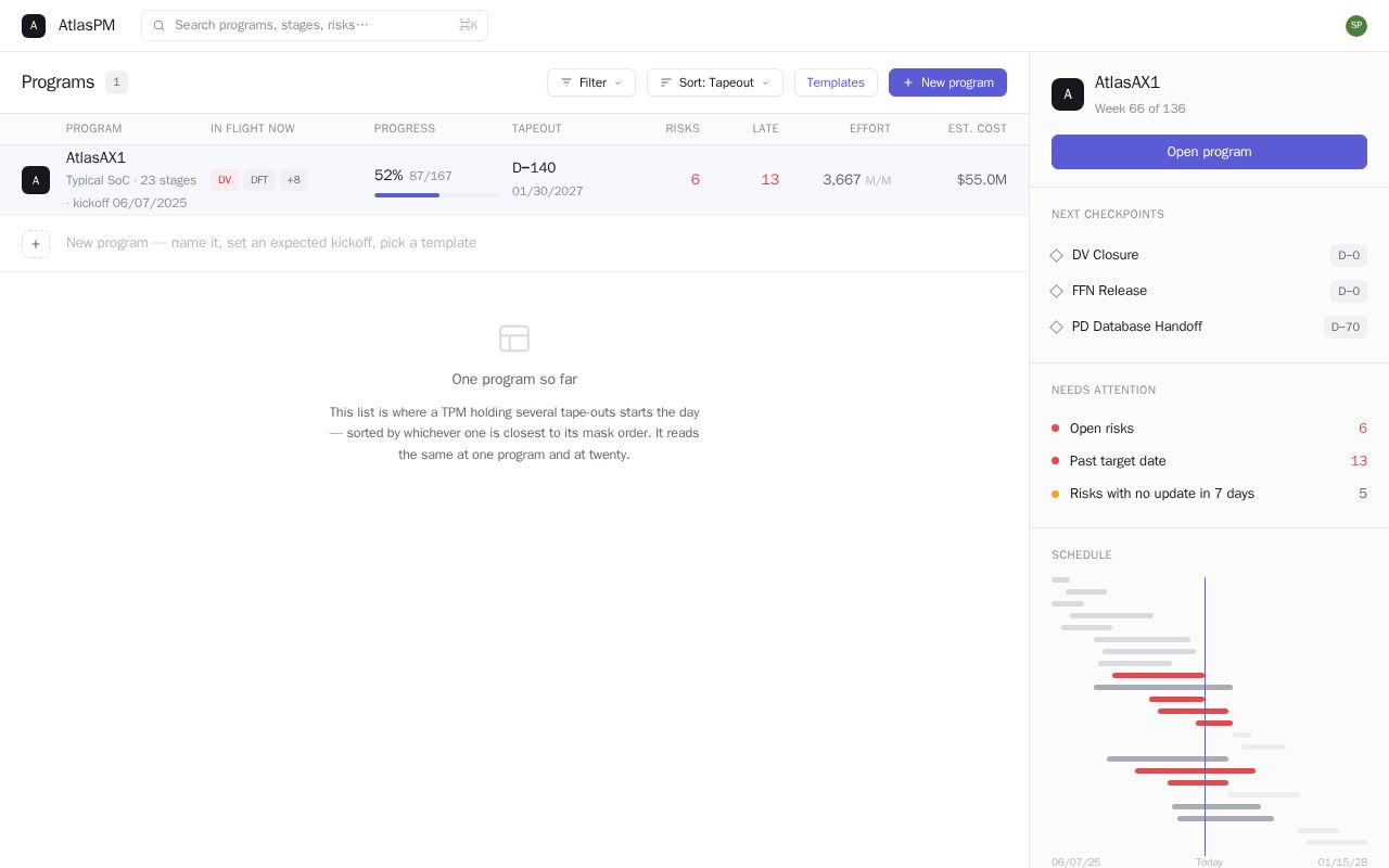 Preview of Semiconductor program management tool — Next.js port of a single-file prototype