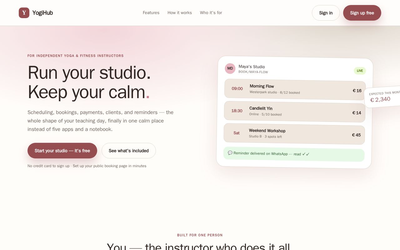 Preview of YogiHub marketing landing page for independent instructors