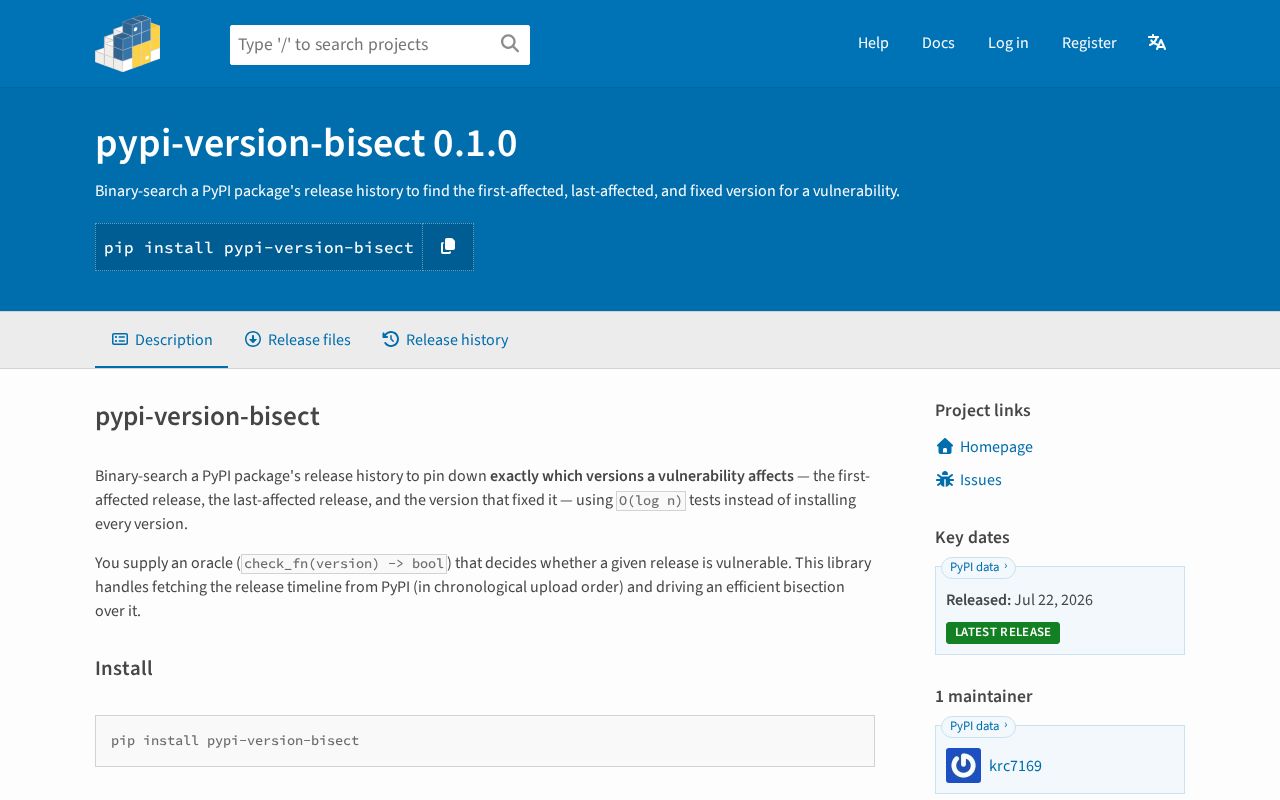 Preview of Pypi Version Bisect