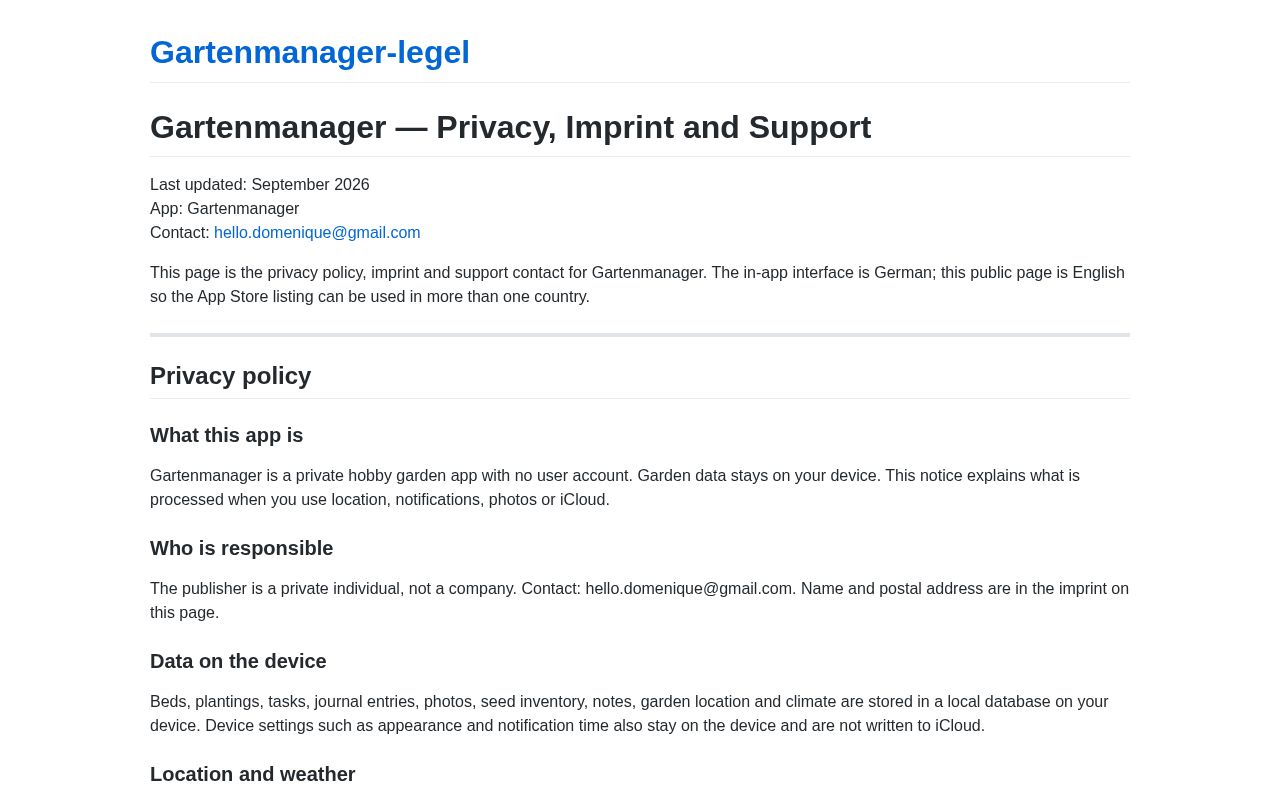 Preview of Privacy policy, imprint and support information for the Gartenmanager app