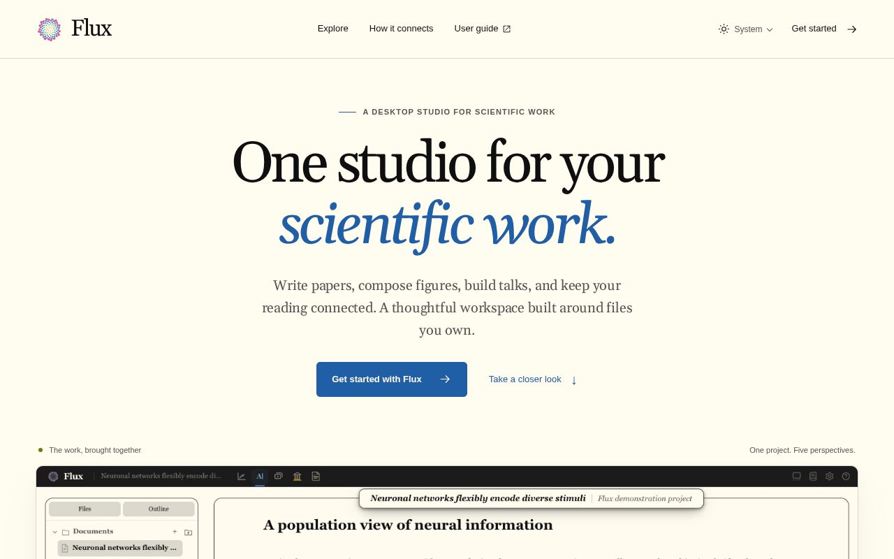 Preview of Flux website, documentation, and example projects.