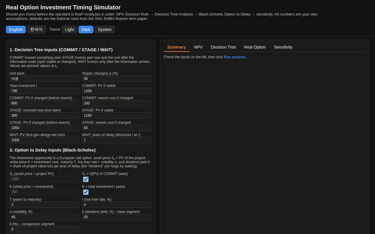 Preview of Real Option Investment Timing Simulator