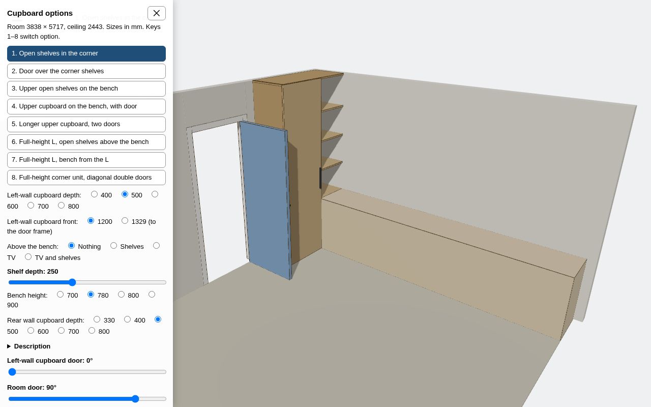 Preview of Cupboard options in 3D