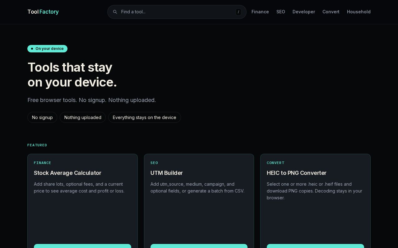 Preview of Utility tools site: stock average calculator, UTM builder, UUID generator
