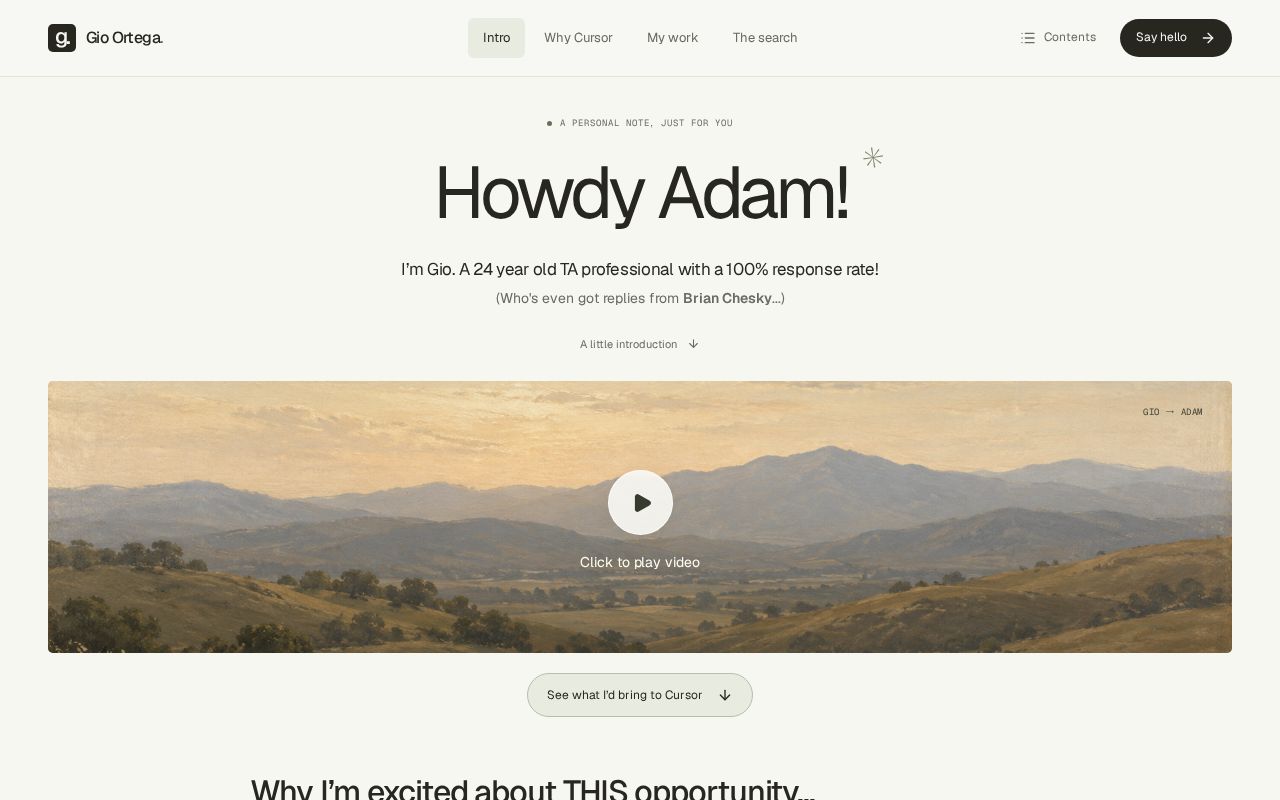 Preview of Gio Ortega × Cursor — a personal landing page.