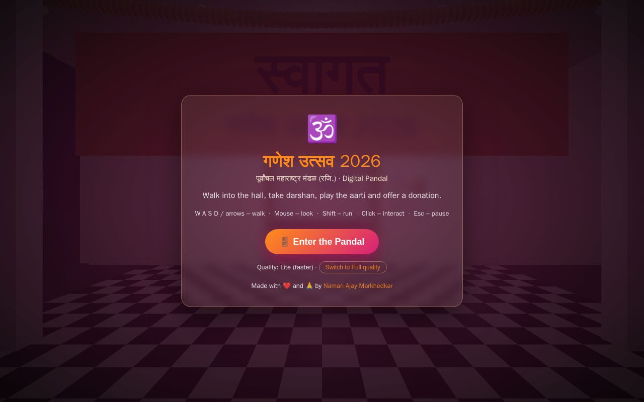 Preview of Digital Ganpati Pandal – walkable 3D pandal with aarti, bell and UPI donation (Three.js)