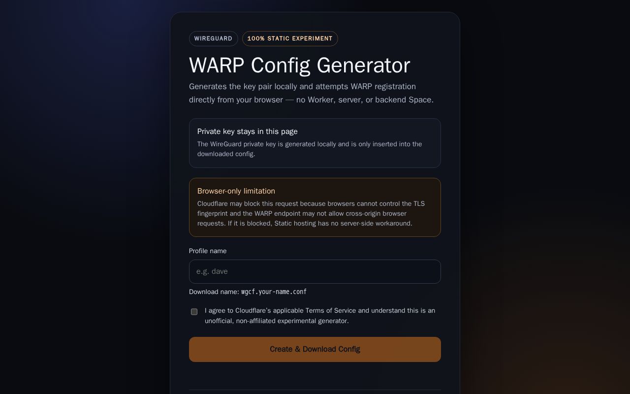 Preview of WARP Config Generator Static