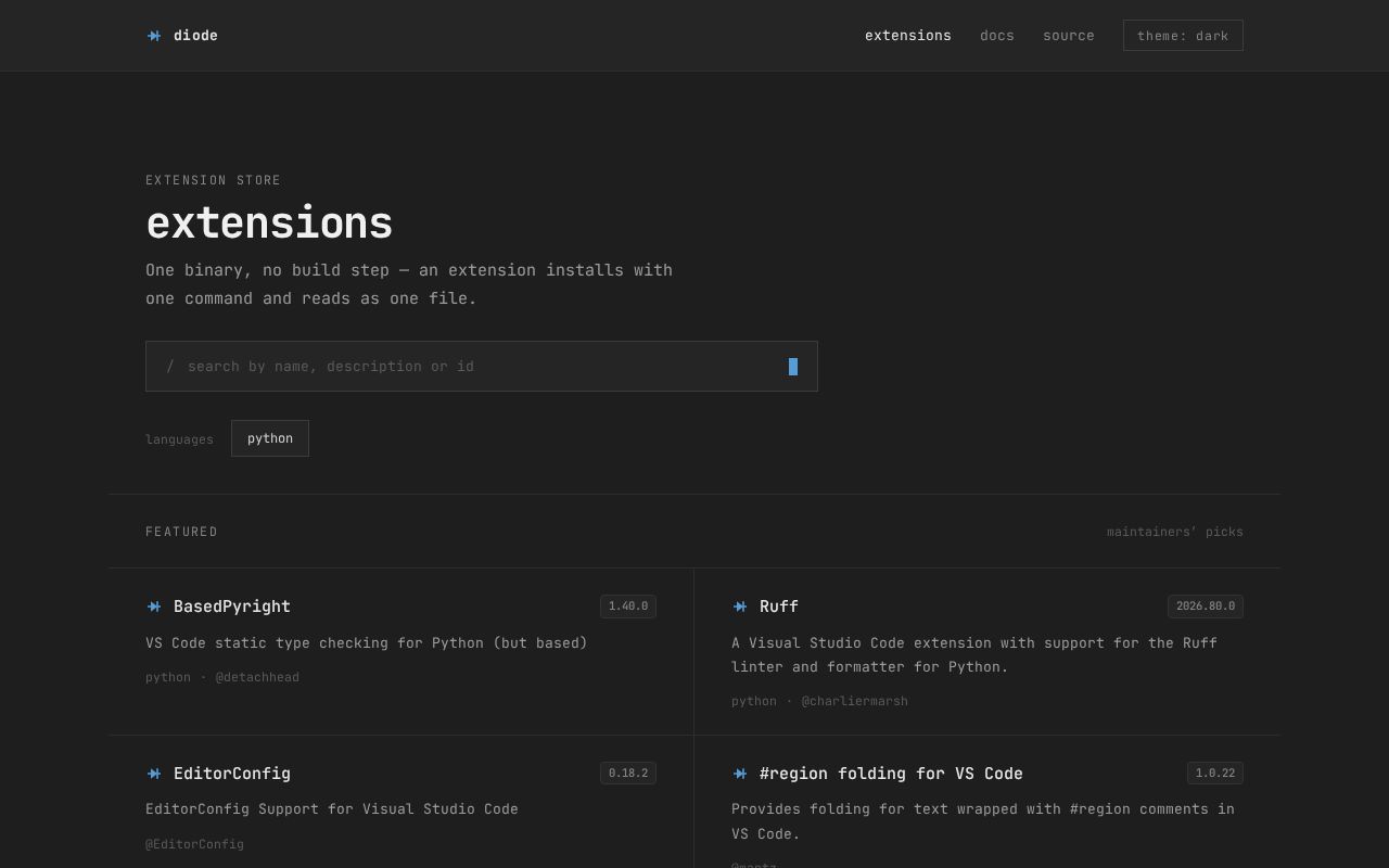 Preview of diode extension marketplace — web viewer for the extension registry