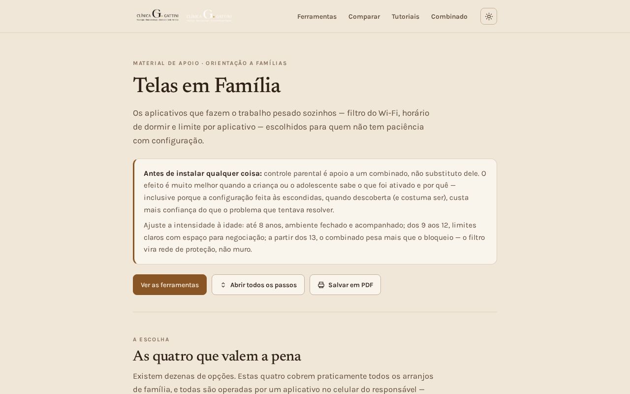 Preview of Telas em Familia - guia de controles parentais da Clinica Gattini