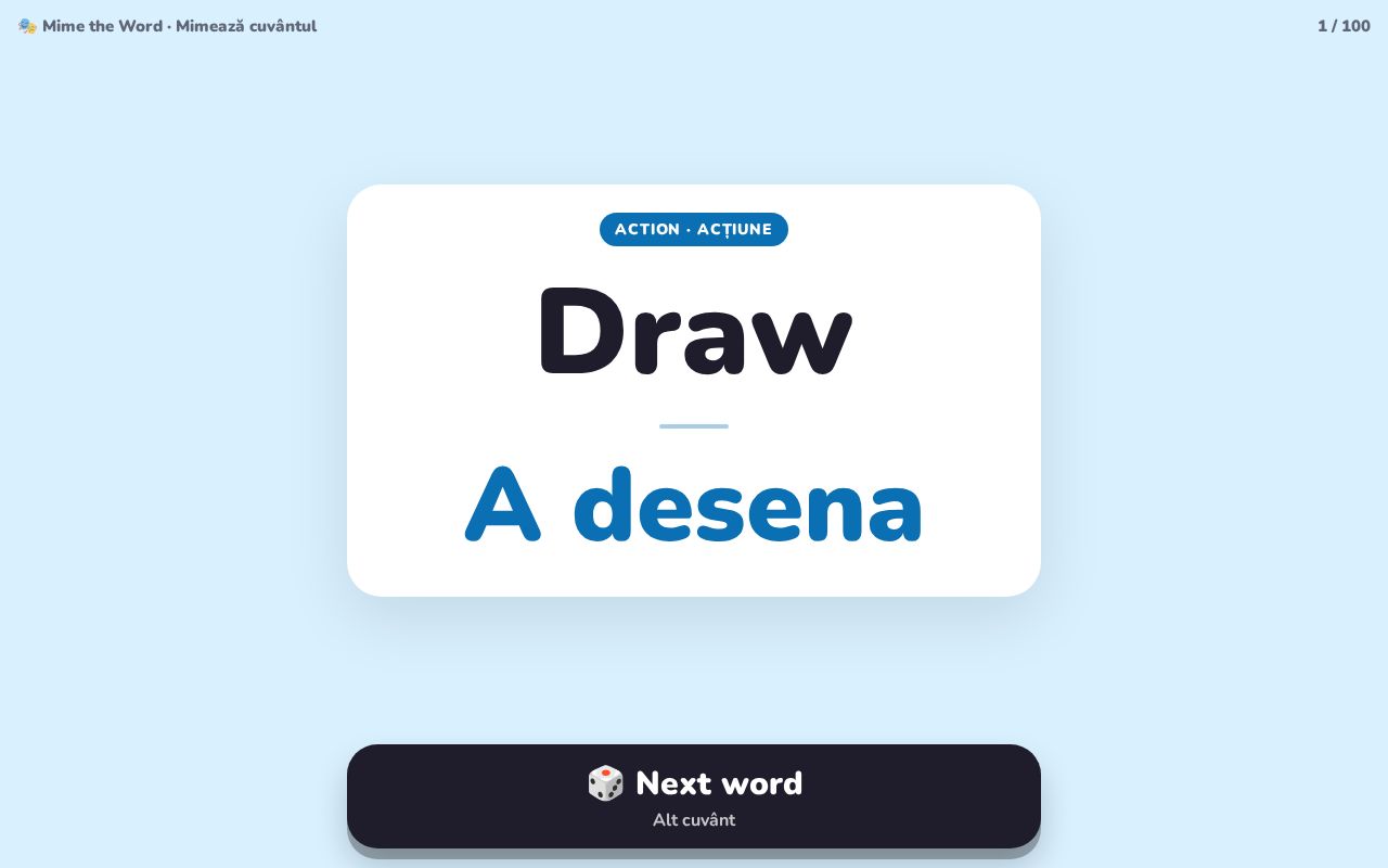Preview of Charades for kids: 100 words in English and Romanian, one big button