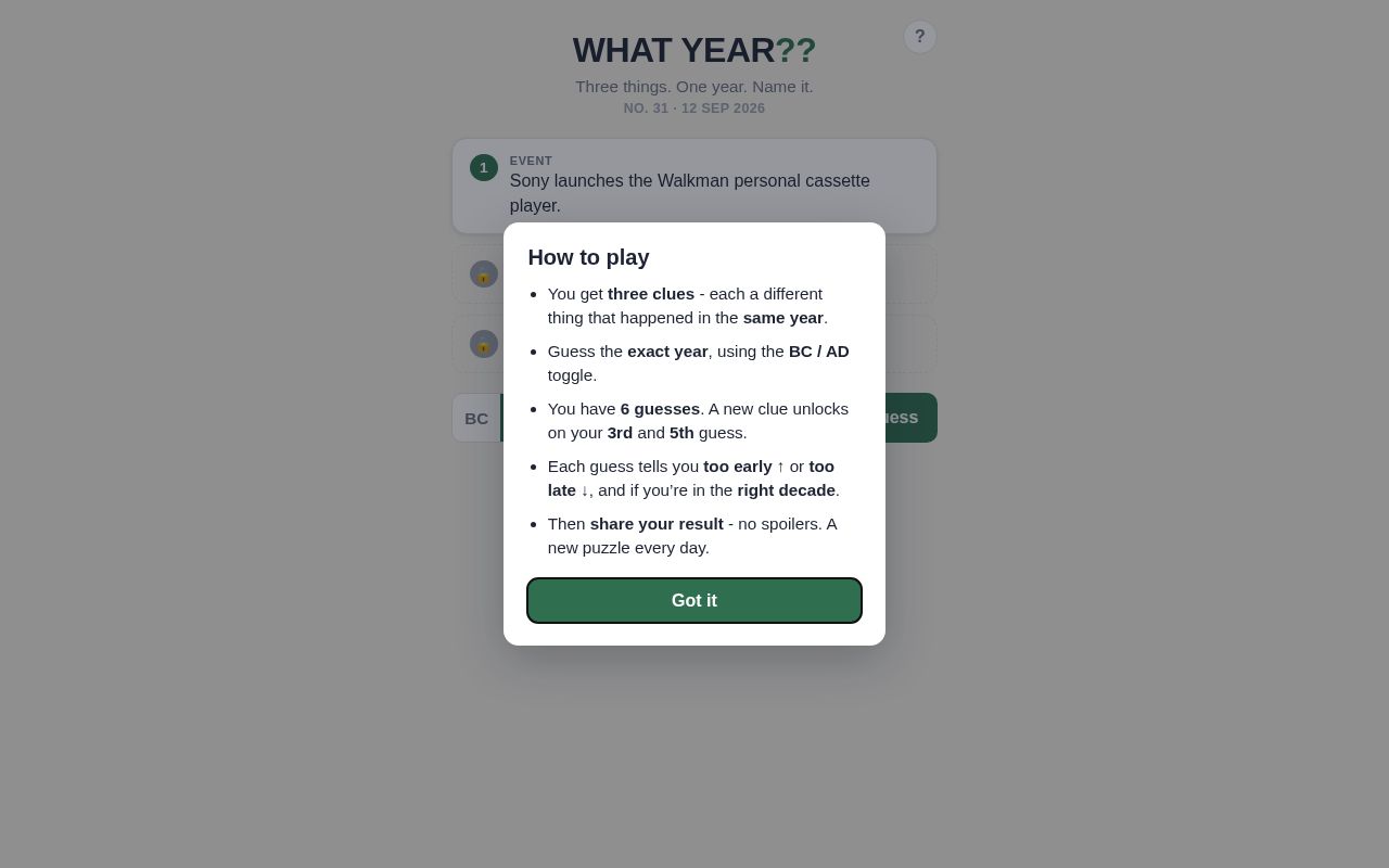 Preview of A daily history guessing game. Three things from one year; guess the year.