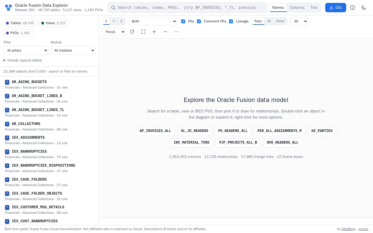 Preview of Oracle Fusion Data Explorer