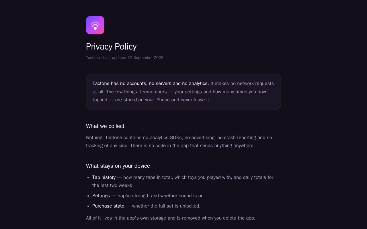 Preview of Privacy Policy, Terms of Use and Support pages for Tactone