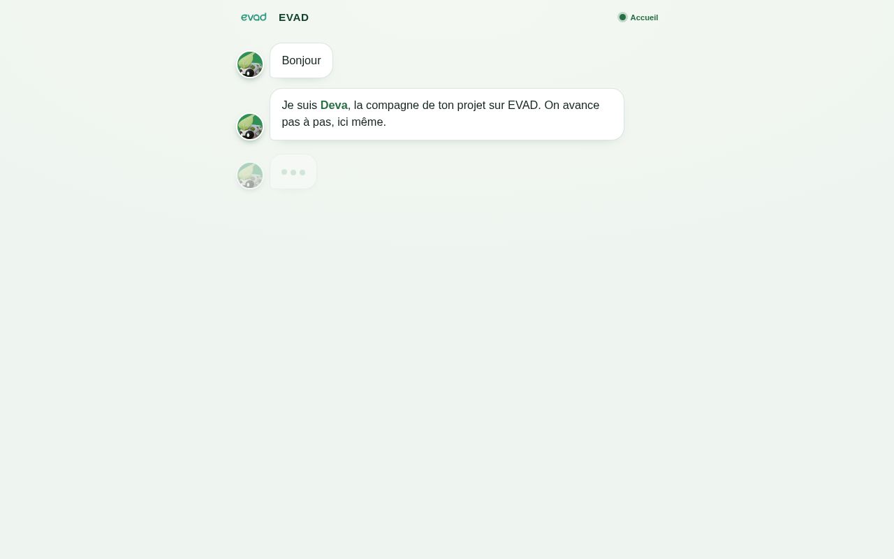 Preview of MVP minimal d'EVAD — onboarding Deva et parcours simplifié (front vanilla, sans build)