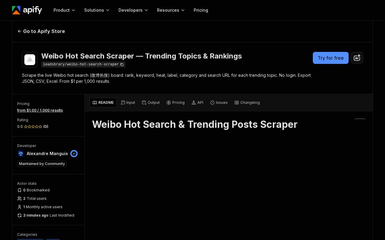 Preview of Weibo Hot Search Scraper Apify Actor