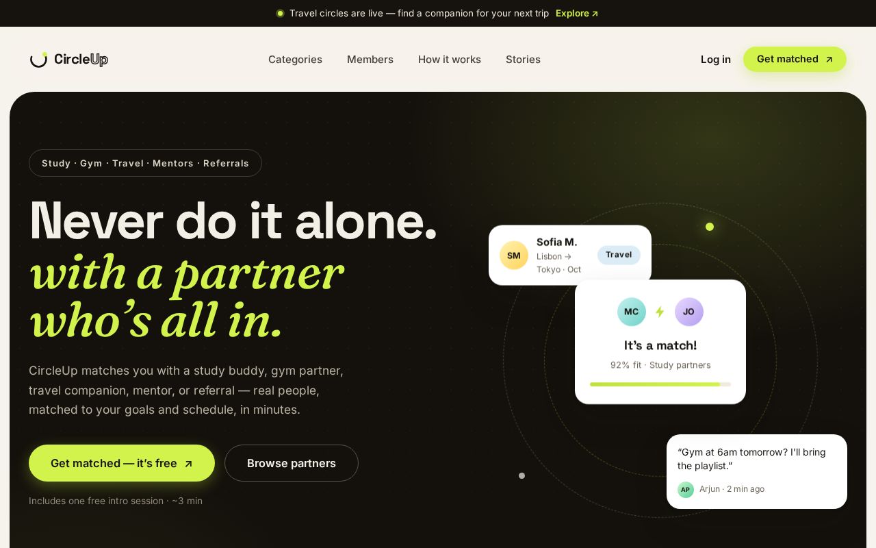 Preview of website for upcoming social partner app circle up