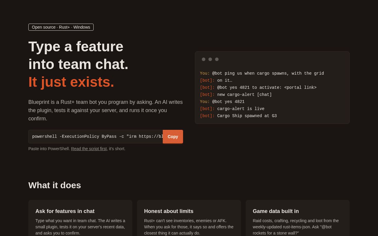 Preview of Blueprint: type a feature into Rust team chat
