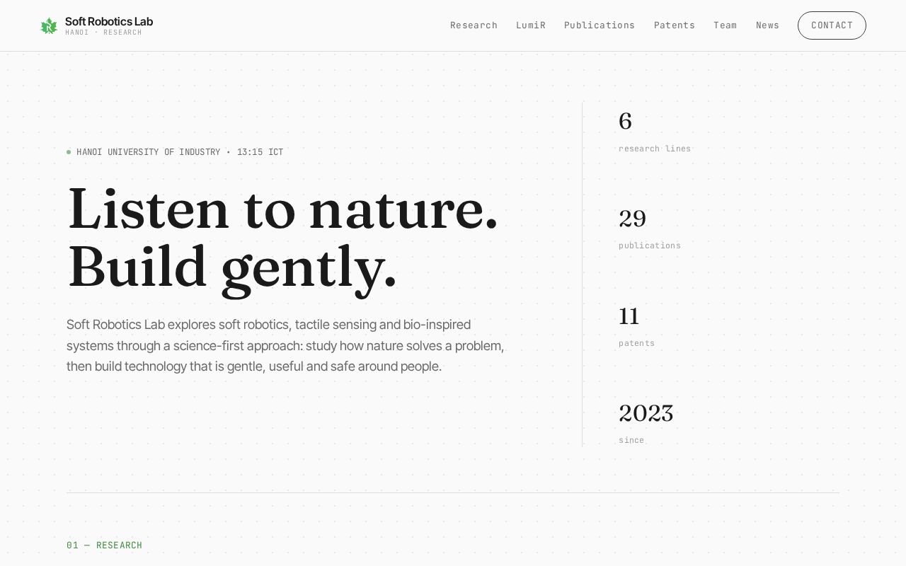 Preview of Soft Robotics Lab website (Hanoi University of Industry) — static site on GitHub Pages