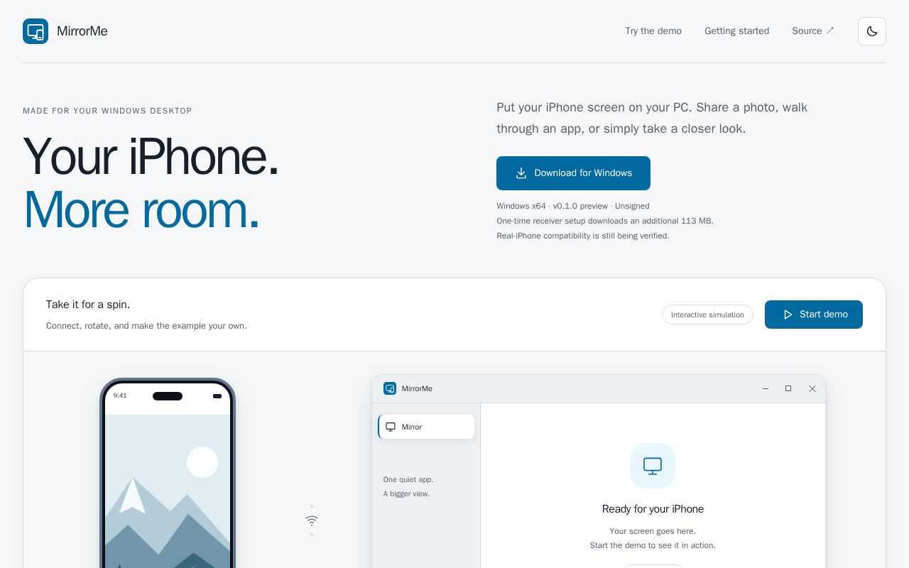 Preview of A Windows iPhone-mirroring preview built with Go and Wails, with an interactive demo.