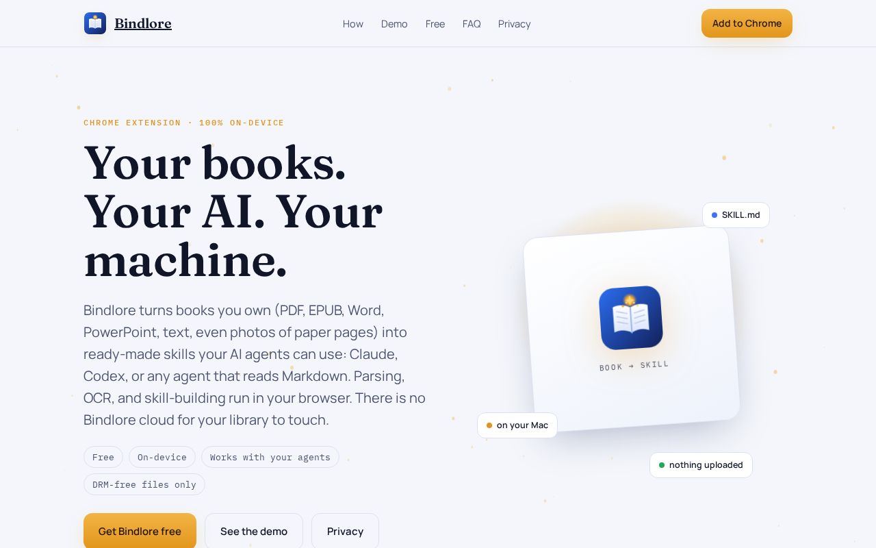 Preview of Bindlore marketing site for bindlore.app — turn owned books into on-device AI skills