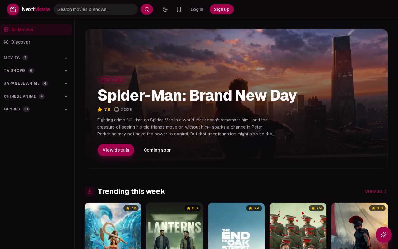 Preview of Next.js movie and TV discovery app with TMDB, accounts, and an AI movie chatbot