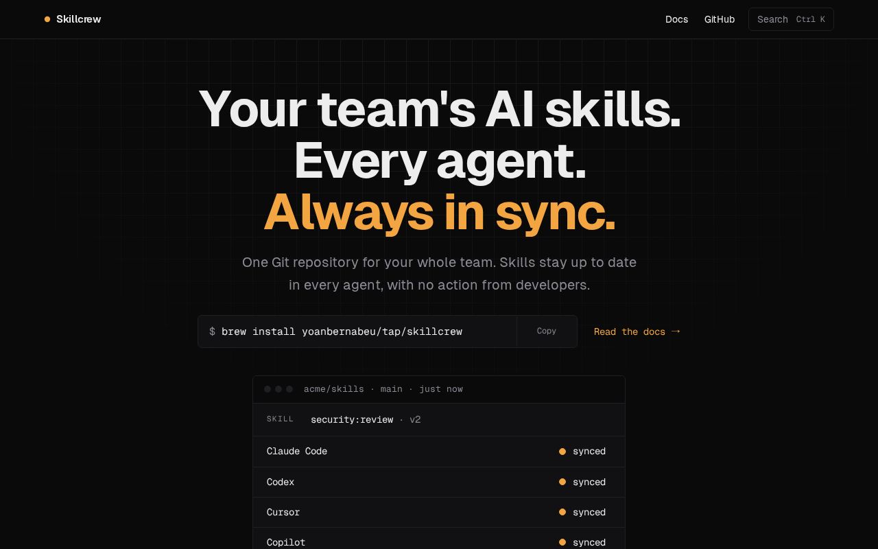 Preview of Skillcrew: one skill registry for every AI coding agent of your team