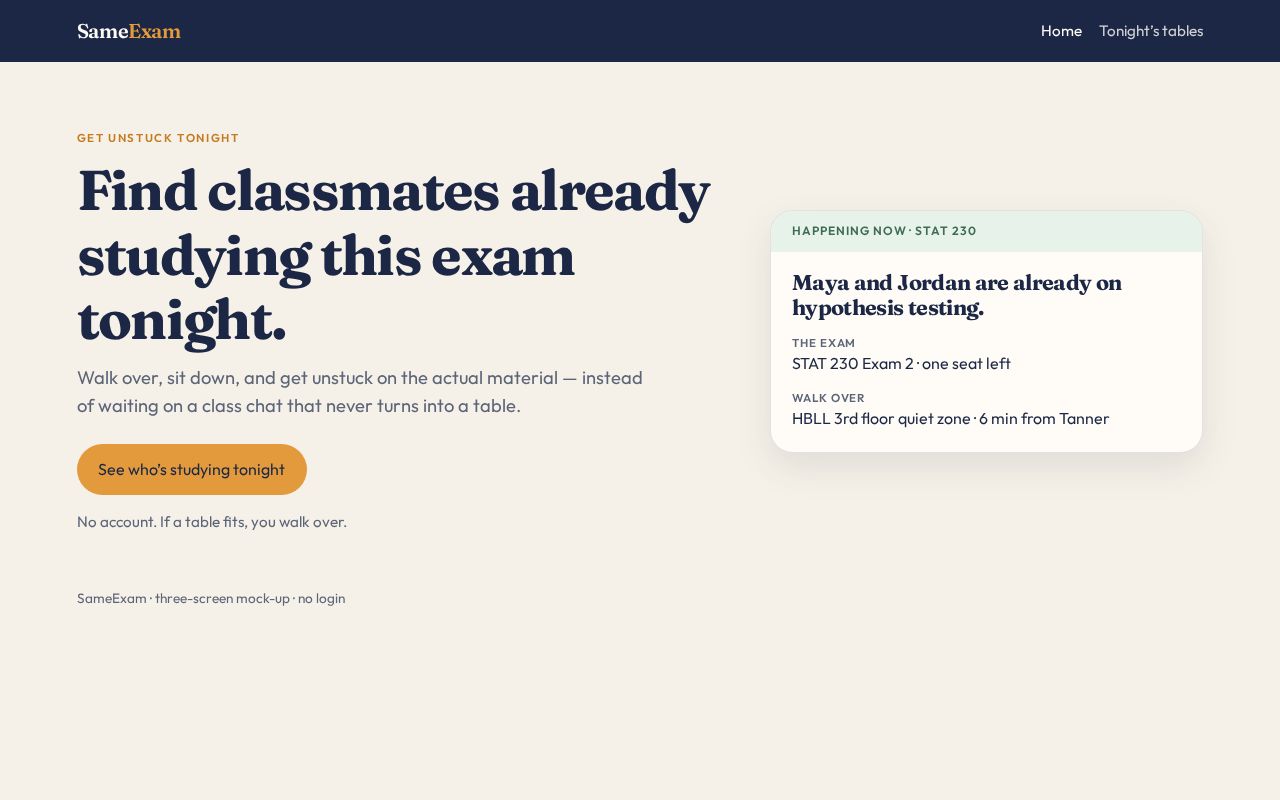 Preview of Three-screen mock-up: find classmates already studying this exam on campus tonight.