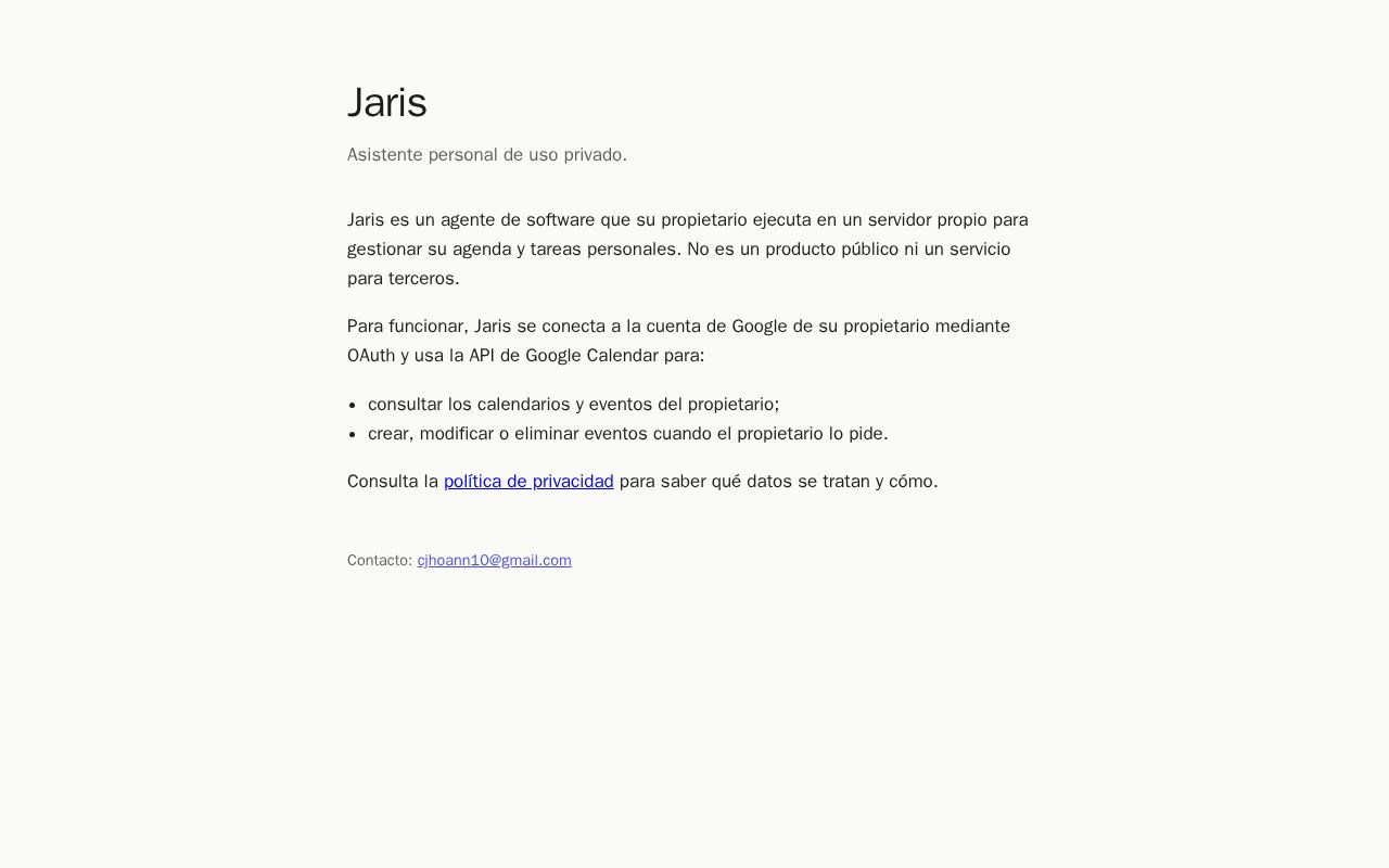 Preview of Página y política de privacidad del asistente Jaris