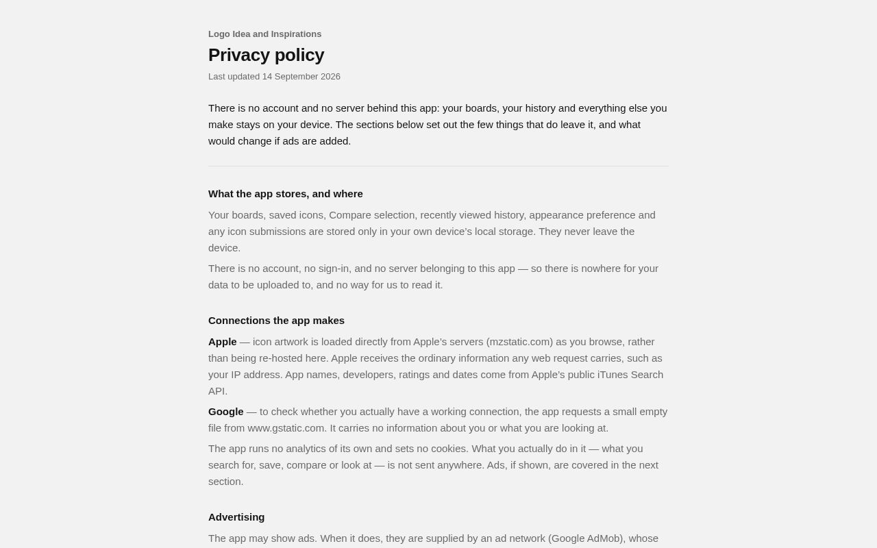 Preview of Privacy policy for the Logo Idea and Inspirations Android app