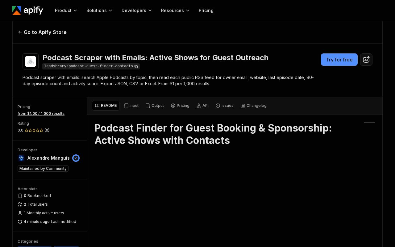 Preview of Podcast Guest Finder Contacts Apify Actor